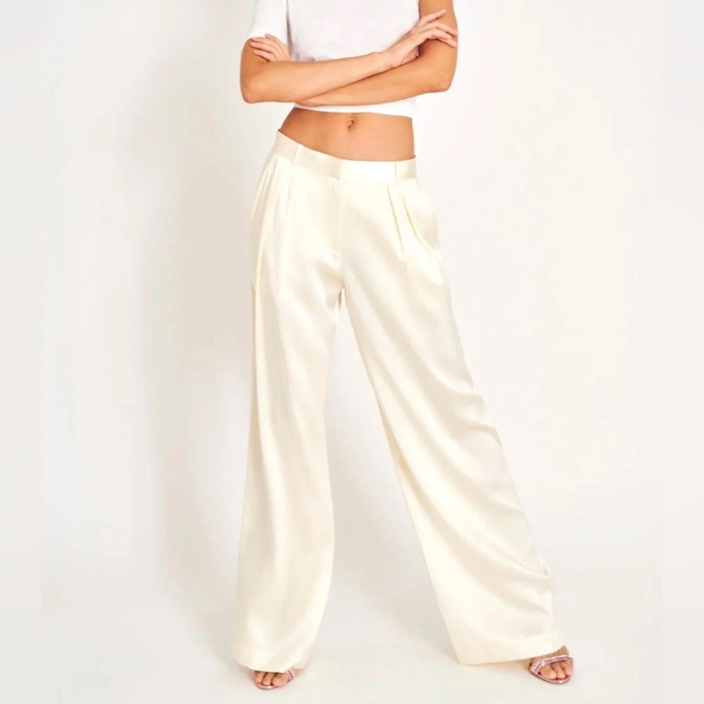LoveShackFancy Emberlynn Ivory 100% Silk Wide Leg Cream Trousers Pants Size 0